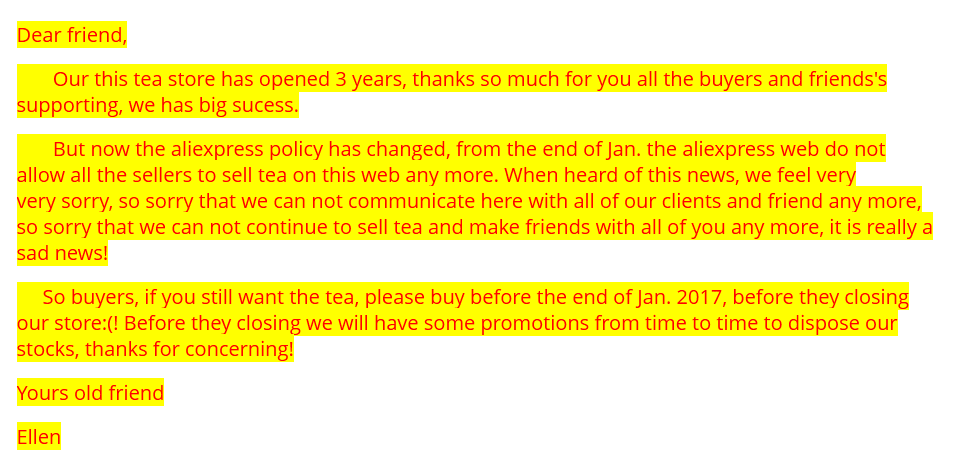 Скриншот предупреждения о запрете продажи чая на AliExpress (магазин «China Tea Factory-Direct sell»)