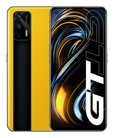Телефон Realme GT в жёлтом с чёрной полосой (Racing Yellow) корпусе